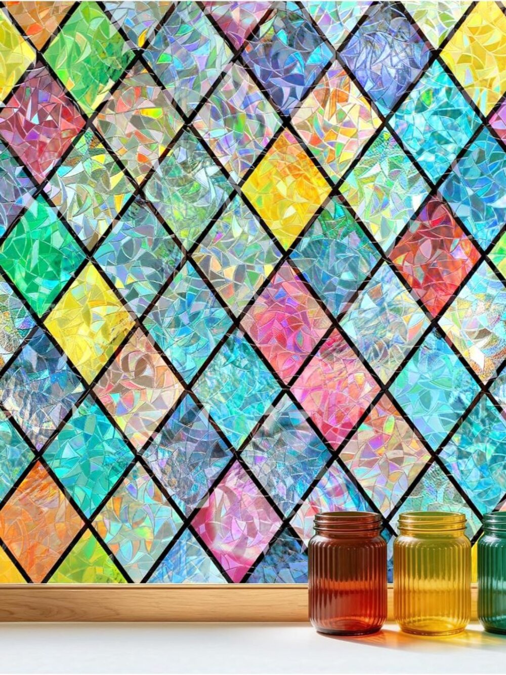 Stained Glass Window Film Rainbow Lattice Cling, 17.5" x 78.7"